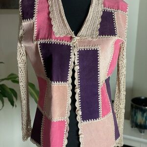Colorful Patchwork Suede Jacket- Vintage-Kroshetta Papillon, with Crochet Trim